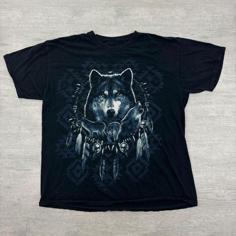 Vintage Y2K Wolf Shirt Adult Large Black Cyber Grunge Animals Nature Tribal